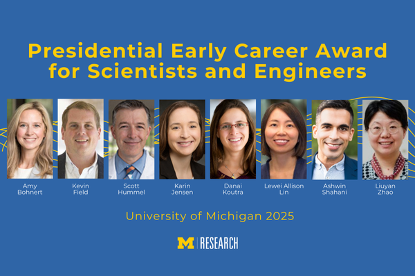 text: Presidential Early Career Award for Scientists and Engineers photos from left to right: Amy Bohnert, Kevin Field, Scott Hummel, Karin Jensen, Danai Koutra, Lewei Allison Lin, Ashwin Shahani, Liuyan Zhao University of Michigan 2025
