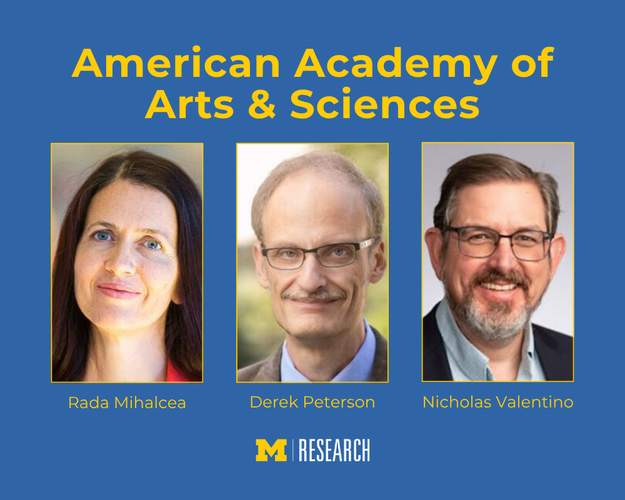 text: American Academy of Arts & Sciences photos from left to right, Rada Mihalcea, Derek Peterson, Nicholas Valentino University of Michigan Research logo