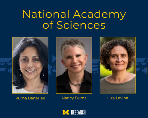 text: National Academy of Sciences photos from left to right, Ruma Banerjee, Nancy Burns, Liza Levina University of Michigan Research logo